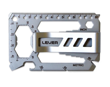 A silver aluminum multi-tool card with a ruler, hex wrench, and screwdriver bit holder, branded with the LEVER logo, shown on a white background.