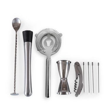Bar Tools Roll Up Kit | 10-Piece Stainless Steel Set | Durable Waxed Canvas Organization
