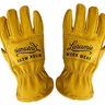 A pair of mustard yellow leather work gloves with black embroidered 'Laramie Work Wear' branding on the backs, displayed against a solid white background.