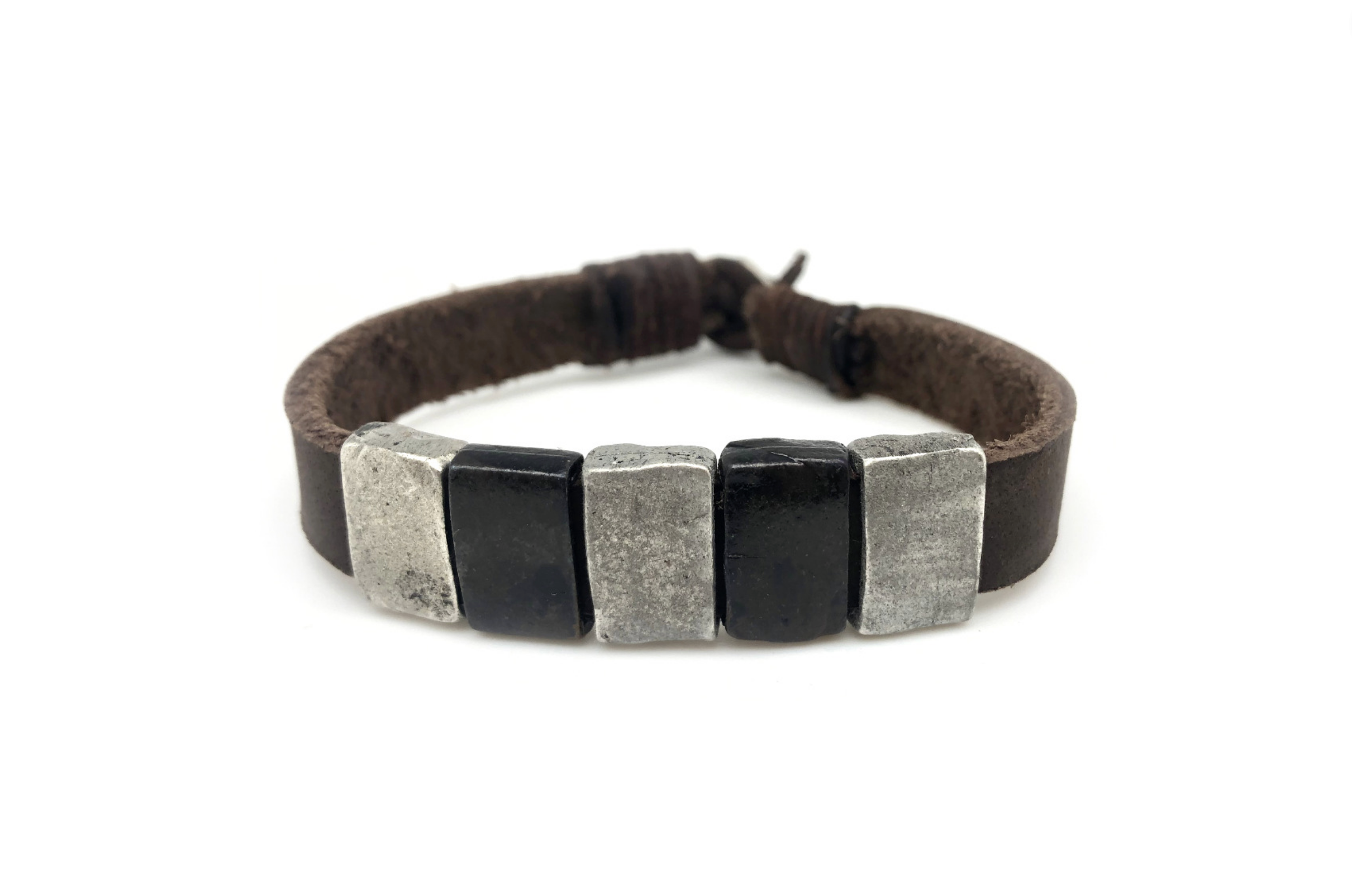 Aadi  Silver and Black Rectangle Beads Leather Men's Bracelet