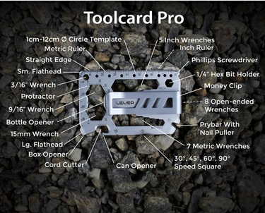 A silver metal multi-tool card labeled 'LEVER' and titled 'Toolcard Pro' shown on a bed of dark gravel, with white callout lines and text listing its included tools and functions.