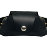 Black leather sunglasses case with a silver snap button on a white background