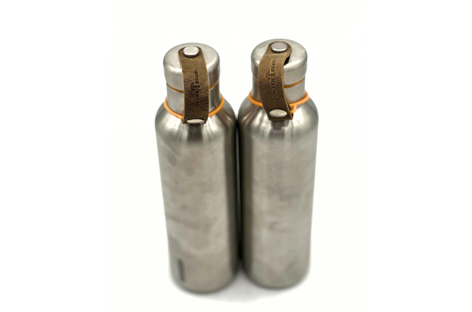 Reusable Insulated Water Bottle with Leather Lid Strap