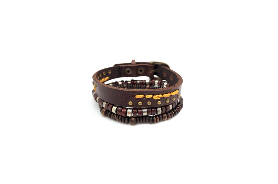 Aadi Bracelet Bundle - Brown Embroidered Buckle, Wood Beads