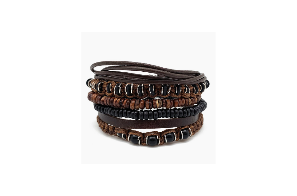 Aadi Brown and Black Beads Leather Men's Bracelet
