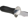 Oyster shucker with a black handle and sharp blade on a white background. 