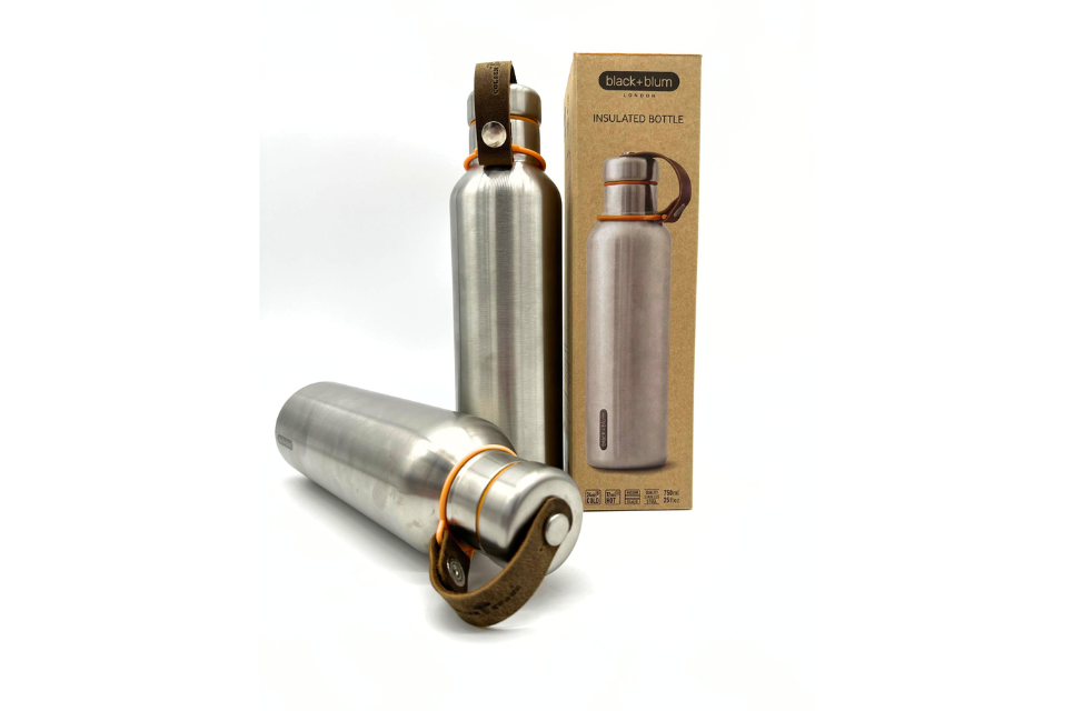 Reusable Insulated Water Bottle with Leather Lid Strap