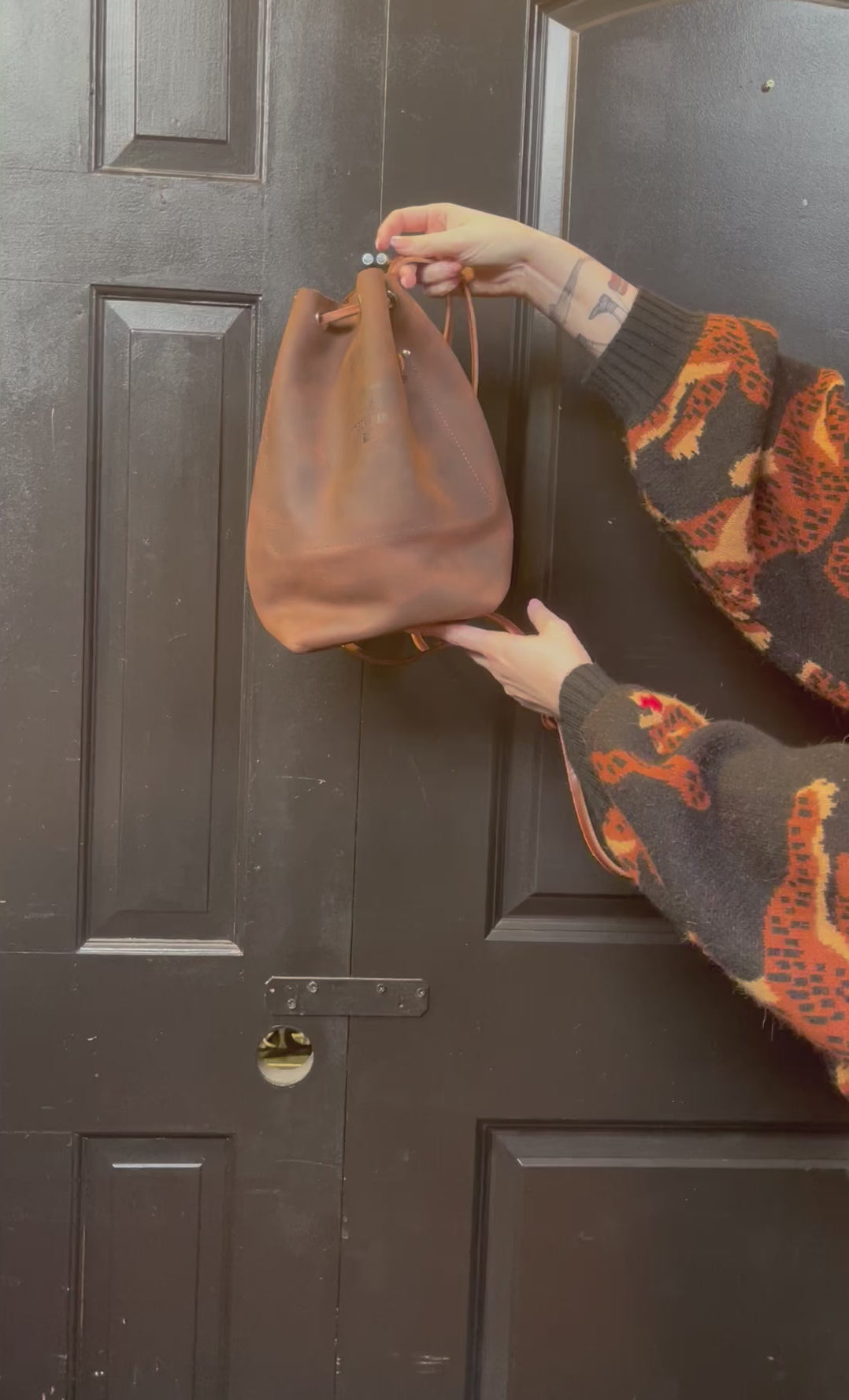 SEASONED One-Of-A-Kind Drawstring Bucket Bag in Denali Brown with Havana Brown Drawstring