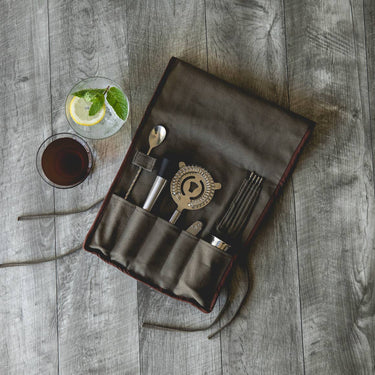 Bar Tools Roll Up Kit | 10-Piece Stainless Steel Set | Durable Waxed Canvas Organization